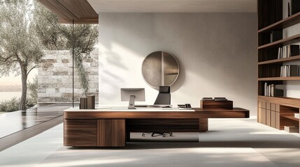 Modern minimalist home office with wooden desk, shelves, and large window overlooking water.