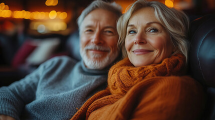 Happy couple sharing intimate moments in cozy setting during winter evening with warm lighting. Generative AI