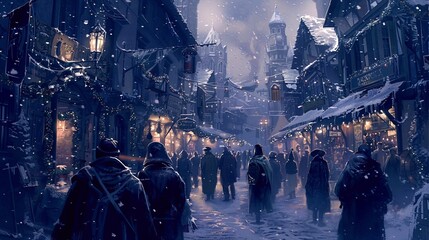 Snowy city street filled with people enjoying the Christmas snowfall, with holiday decorations adding to the charm.