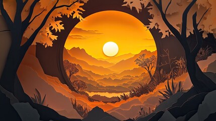Sunset view through forest opening, paper art style.