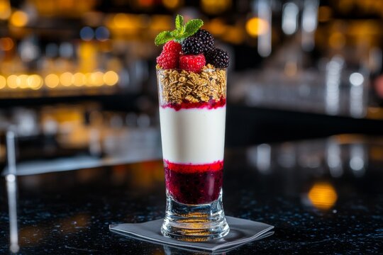 Layered parfait with yogurt, granola, and berries in a tall glass, capturing the textures of each layer