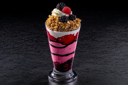 Layered parfait with yogurt, granola, and berries in a tall glass, capturing the textures of each layer