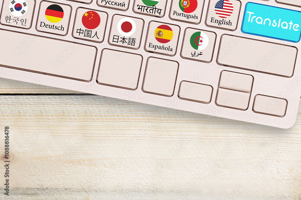 Fototapete macro view of computer keyboard with national flags of world countries on keys and blue translate