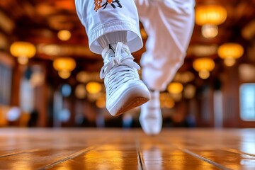 Martial artist mid-kick in a dojo, with focused stance and flowing movement