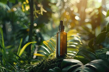 Eco-Friendly Beauty Product in Lush Green Jungle with Sunlight Filtering Through Leaves