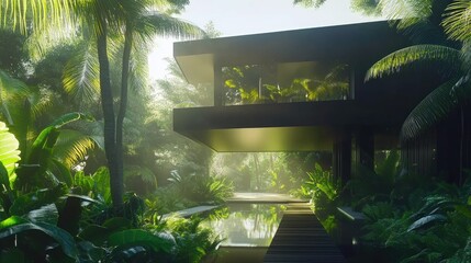 Fototapeta premium Modern house nestled in lush tropical jungle.