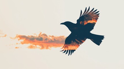 Fototapeta premium A silhouetted bird flies against a sunset backdrop, showcasing its wings and the warm hues of the evening sky.