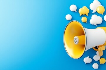 Minimalist design of a megaphone icon with small text bubbles symbolizing ad reach