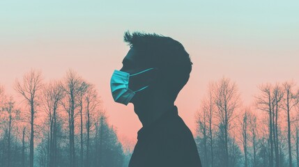 Naklejka premium A silhouette of a person wearing a mask against a pastel sky, with bare trees in the background, symbolizing health and safety.