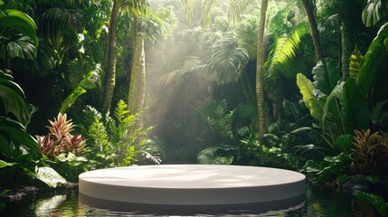 Lush jungle backdrop with circular platform.