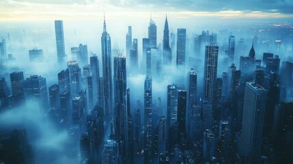 Foggy cityscape at dusk, aerial view of skyscrapers.