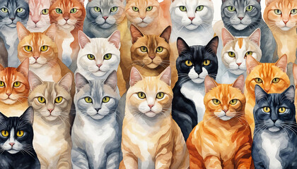 Group of sweet cats sitting closely, their faces creating a delightful pattern. Painted in soft watercolor with earthy tones, perfect for cat lovers.