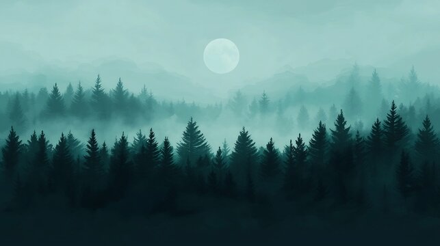 Mystical forest at twilight with soft mist and glowing orbs