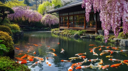 Fototapeta premium Tranquil Spring Garden in Japan with Colorful Koi Fish