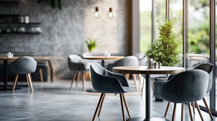 Fototapeta premium Modern cafe interior with gray chairs and tables, concrete walls, and large windows.