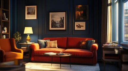 Fototapeta premium Cozy living room with red sofa, framed art, and bookshelf.