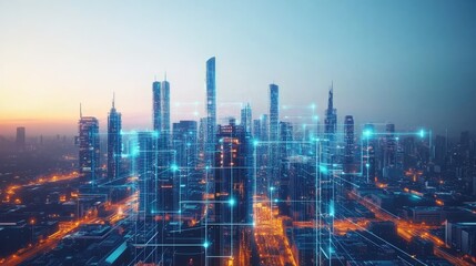 Fototapeta premium Futuristic cityscape at dawn, connected by digital network.
