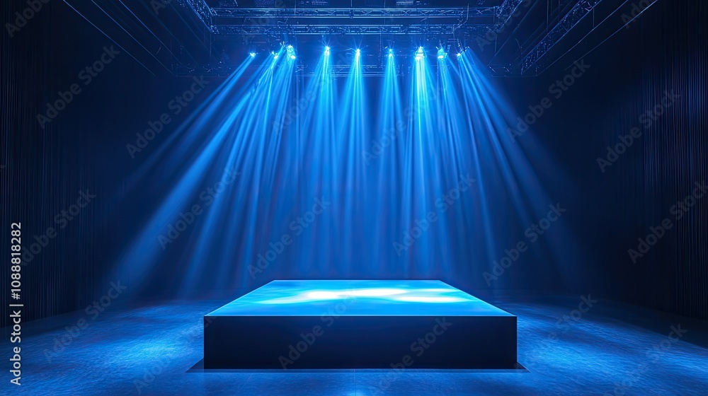 Poster blue-lit empty stage with square platform, perfect for product display or presentation.