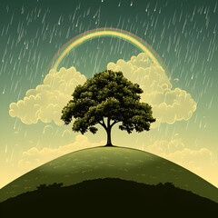 Obraz premium A lone tree stands on a hilltop during a rainstorm with a rainbow.