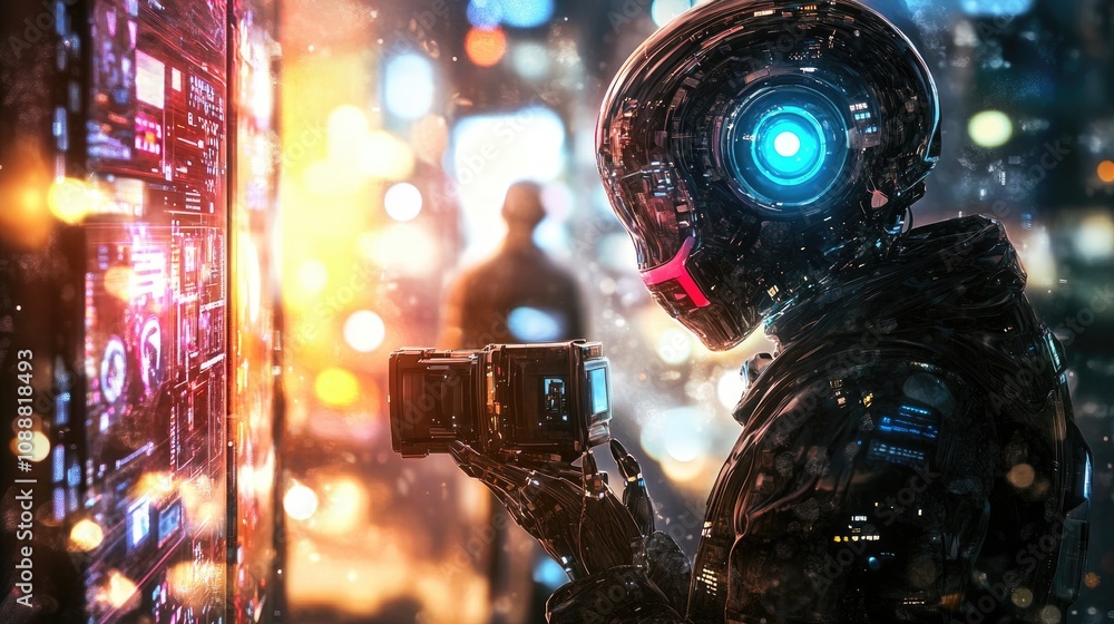 Poster futuristic robot using tech in city at night.