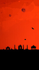 Fototapeta premium A silhouette of a city skyline with a red sky in the background.