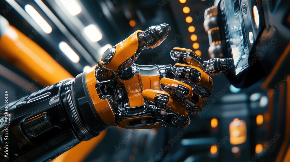 Poster robotic hand interacting with futuristic interface.