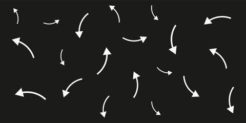 Curved arrows pattern. White arrows on black. Dynamic vector background. Repeating abstract design.