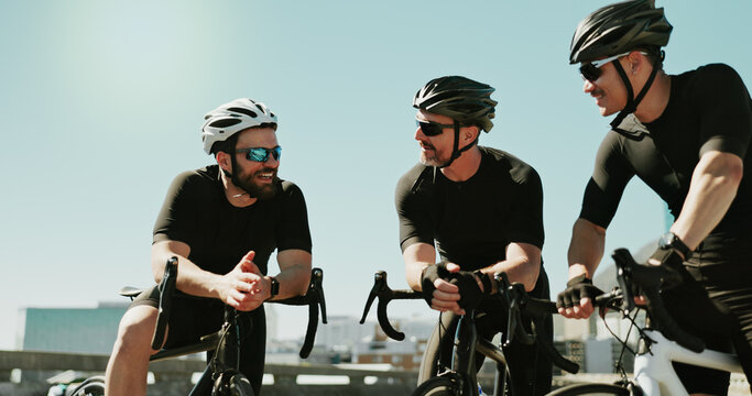 Fitness, relax and cycling with friends in city for triathlon challenge, race and workout. Wellness, exercise and competition with men and bike in outdoors for sports, carbon footprint and cardio