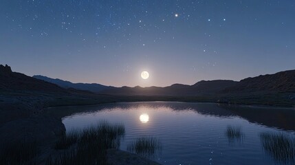 Full moon reflecting on a calm desert lake at night, starry sky.