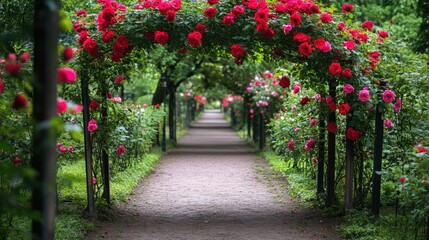 Fototapeta premium Beautiful Blooming Roses in Serene Garden Path