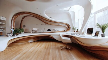 Modern organic wood and white home office design.