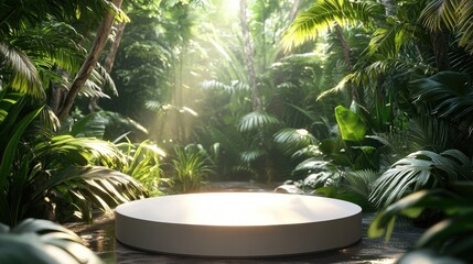 Obraz premium Sunlit round platform in lush tropical jungle.