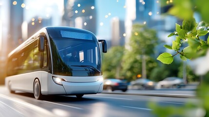 Obraz premium Sleek modern electric autonomous bus navigating through a vibrant sustainable urban cityscape with high rise buildings and lush greenery in the background showcasing the future of clean