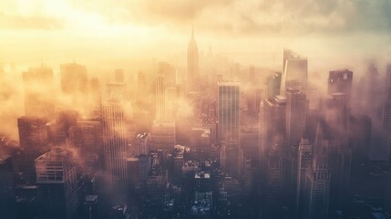Foggy cityscape at sunrise.