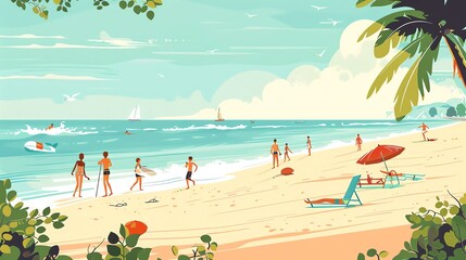 An illustration of a tropical beach with palm trees, a blue sky, and people enjoying the beach.