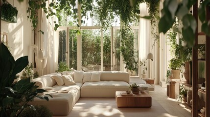 Sunlit living room with abundant plants and a beige sectional sofa.