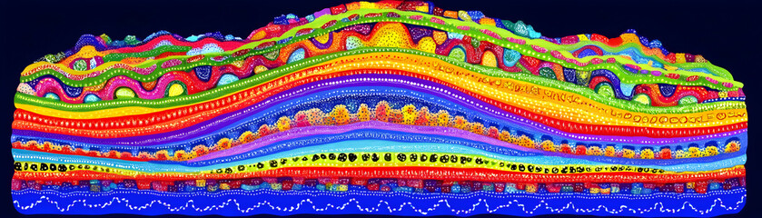 Abstract rainbow layered design with wavy lines and colorful patterns.