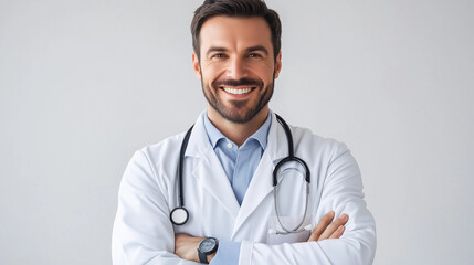 Fototapeta premium Healthcare Professional Giving Telehealth Consultation via Laptop with Smile on White Background