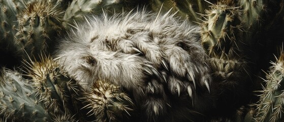 Fluffy paw nestled amongst prickly cactus.
