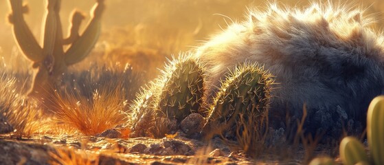 Fluffy animal resting amidst desert cacti at sunrise.
