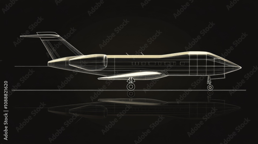 Poster wireframe model of a private jet on a dark background with reflection.