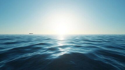 Obraz premium A small boat sails towards the horizon as the sun shines brightly in the sky over a calm, blue sea.