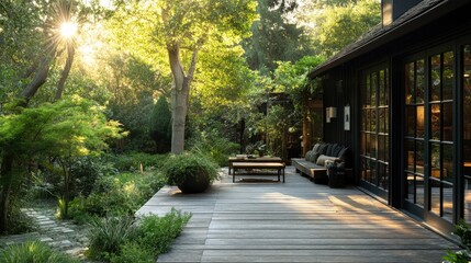 Obraz premium Sunlit deck with lush garden and modern home.