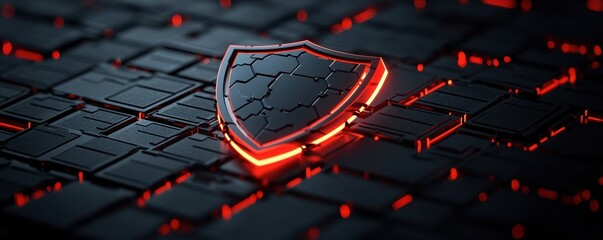 Cybersecurity breakthrough digital network digital art virtual environment close-up a glowing shield disrupts a chain of alert lines symbolizing resistance against cyber threats.