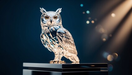 A graceful crystal owl, majestically perched on a sleek, silver pedestal