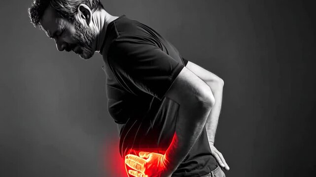 Mature man is suffering stomach pain, close-up