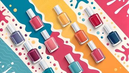 Stylish nail polish bottles arranged on a colorful abstract background with dynamic splashes