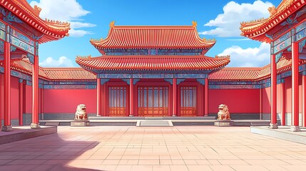 Fototapeta premium Majestic Chinese Palace Courtyard Digital Painting of an Ancient Asian Architectural Scene.