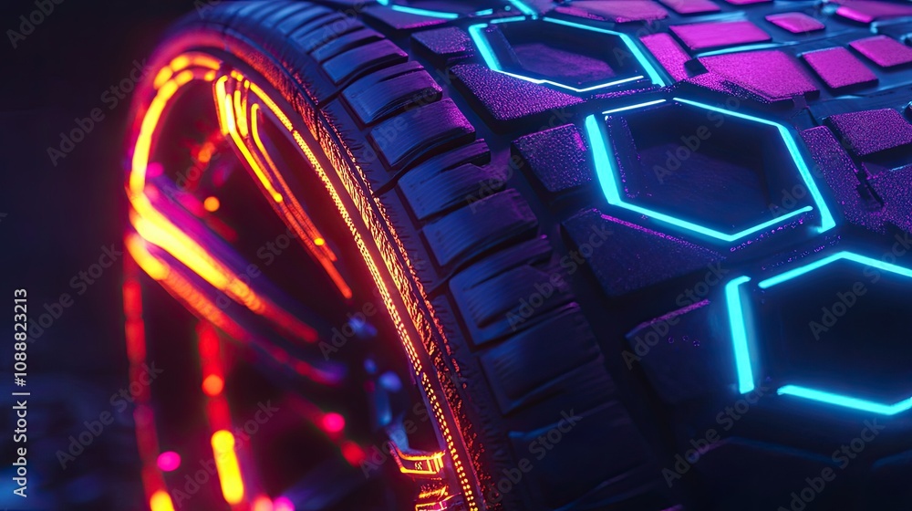 Poster futuristic tire with neon hexagonal pattern.