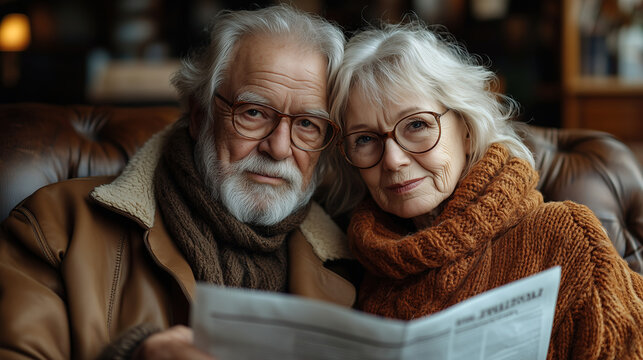 Elderly couple enjoys time together reading newspaper in cozy indoor space with warm lighting. Generative AI